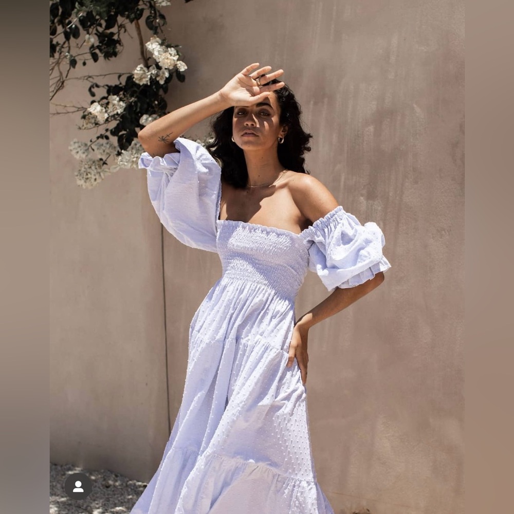 NWT BIRD & KITE Isabella Smocked Tiered Midi Dress XS Swiss Dot Puff Sleeve